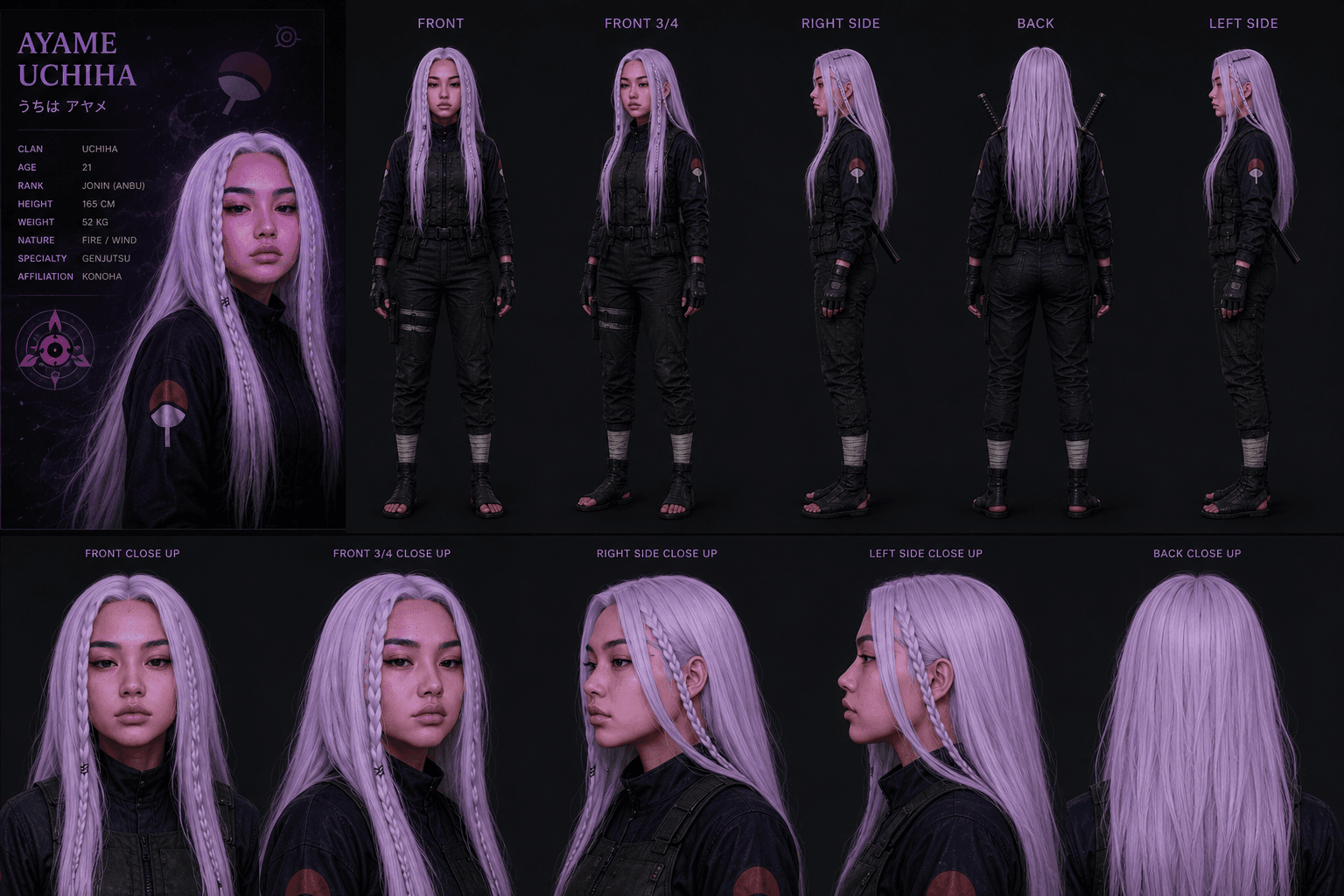 Ayame Uchiha character concept sheet